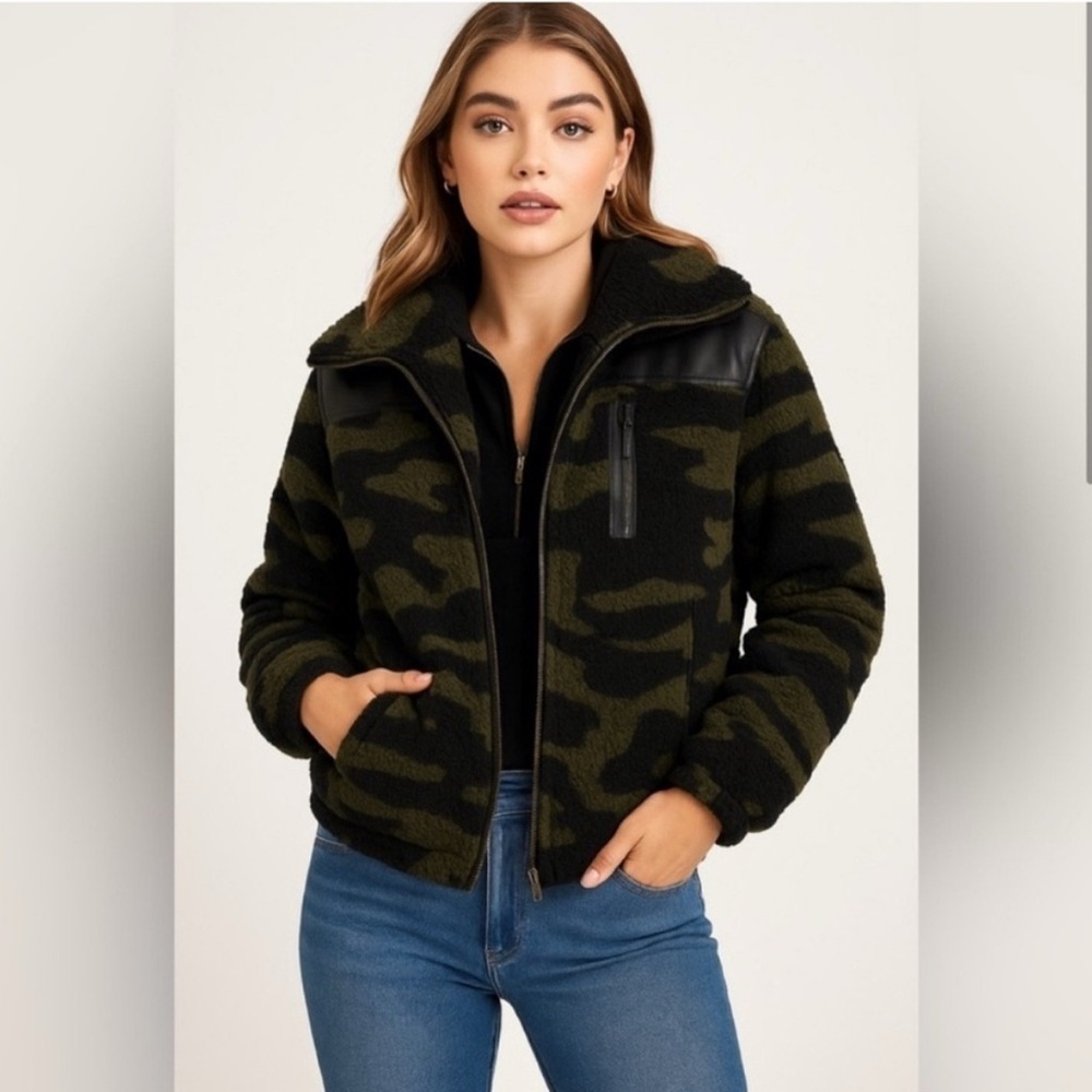 Generation Love Olive Green and Black Camo Sherpa Bomber Jacket
